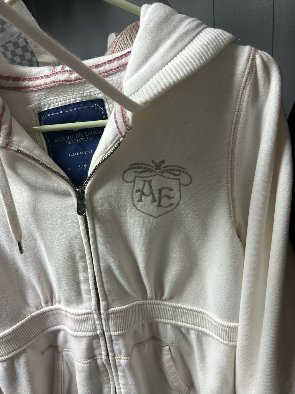 American Eagle Outfitters Cream Hooded Zip-Up with AE Crest